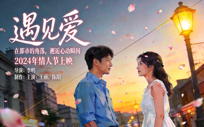 都市爱情电影男女主角浪漫相遇场景海报